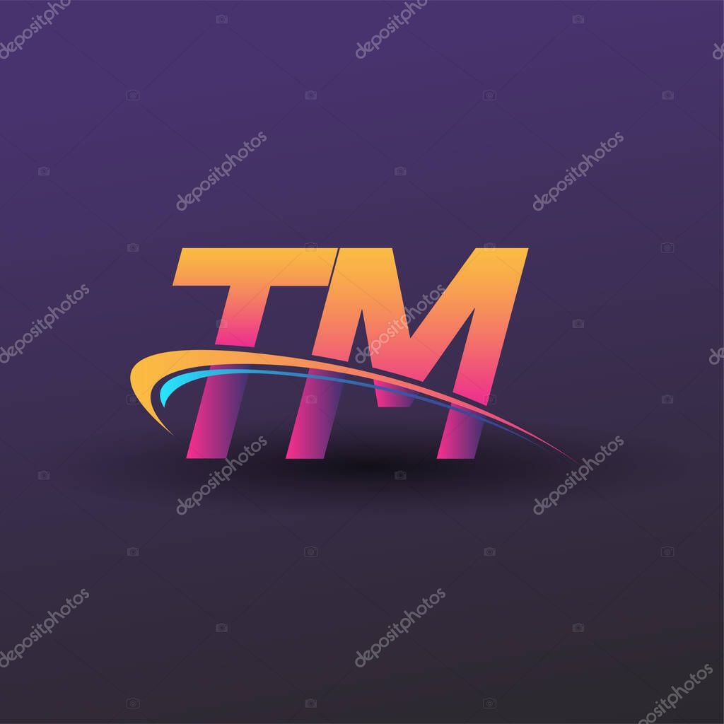 Initial letter TM logotype company name colored blue, yellow and magenta swoosh design. vector logo for business and company identity.