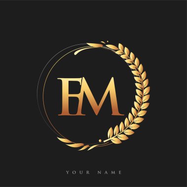 İlk logo harfi altın renkli defne ve çelenk ile FM, iş ve şirket kimliği için vektör logosu.