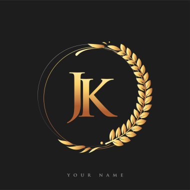 İlk logo harfi altın renkli defne ve çelenk ile JK, iş ve şirket kimliği için vektör logosu.