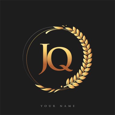 İlk logo harfleri altın renkli defne ve çelenk ile JQ, iş ve şirket kimliği için vektör logosu.