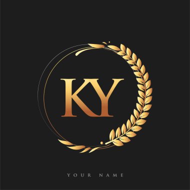İlk logo KY harfi defne ve çelenk ile altın rengi, iş ve şirket kimliği için vektör logosu..