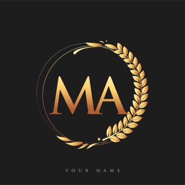 İlk logo harfi MA ile defne ve çelenk ile altın rengi, iş ve şirket kimliği için vektör logosu.