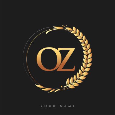İIk logo harfi OZ altın renkli defne ve çelenk, iş ve şirket kimliği için vektör logosu.