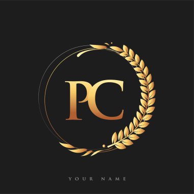 Logo harfleri altın renkli defne ve çelenk, iş ve şirket kimliği için vektör logosu..