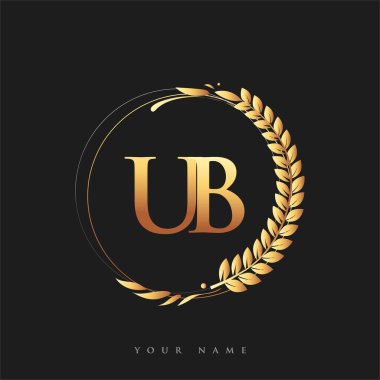 İlk logo harfi UB, defne ve çelenk ile altın rengi, iş ve şirket kimliği için vektör logosu..