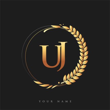 İlk logo harfi UJ altın renkli defne ve çelenk, iş ve şirket kimliği için vektör logosu..