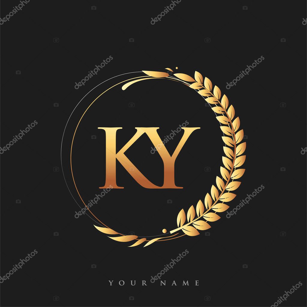 Initial logo letter KY with golden color with laurel and wreath, vector logo for business and company identity.