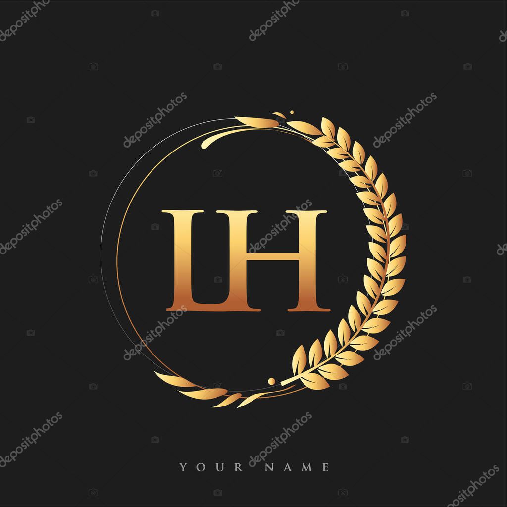 Initial logo letter LH with golden color with laurel and wreath, vector logo for business and company identity.