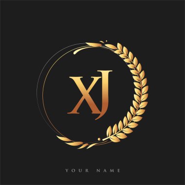 İlk logo XJ harfi altın renkli defne ve çelenk, iş ve şirket kimliği için vektör logosu..
