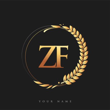 ZF harfinin baş logosu altın renkli defne ve çelenk, iş ve şirket kimliği için vektör logosu..