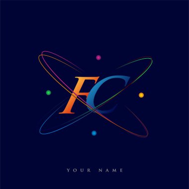 İlk harf FC logotip bilim simgesi mavi, kırmızı, yeşil ve sarı renk. iş ve şirket kimliği için vektör logosu.
