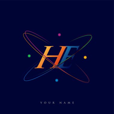İlk harf He logotype bilim simgesi mavi, kırmızı, yeşil ve sarı renkte. iş ve şirket kimliği için vektör logosu.