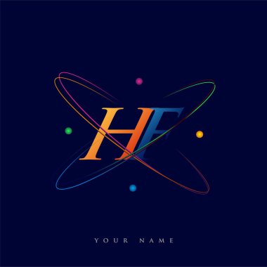 İlk harf HF logoti bilim simgesi mavi, kırmızı, yeşil ve sarı renk. iş ve şirket kimliği için vektör logosu.