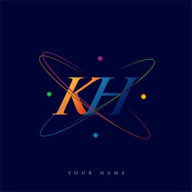 İlk harf KH logotype bilim simgesi mavi, kırmızı, yeşil ve sarı swoosh tasarımı. iş ve şirket kimliği için vektör logosu.