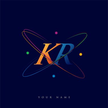 İlk harf KR logotype bilim simgesi mavi, kırmızı, yeşil ve sarı swoosh tasarımı. iş ve şirket kimliği için vektör logosu.