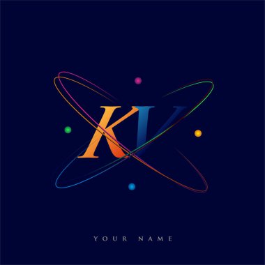İlk harf KV logotype bilim simgesi mavi, kırmızı, yeşil ve sarı swoosh tasarımı. iş ve şirket kimliği için vektör logosu.