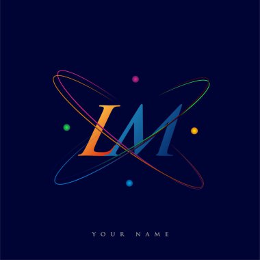 İlk harf LM logotype bilim simgesi mavi, kırmızı, yeşil ve sarı swoosh tasarımı. iş ve şirket kimliği için vektör logosu.