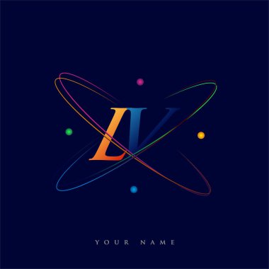 İlk harf LV logotype bilim simgesi mavi, kırmızı, yeşil ve sarı swoosh tasarımı. iş ve şirket kimliği için vektör logosu.