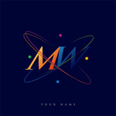 İlk harf MW logotype bilim simgesi mavi, kırmızı, yeşil ve sarı swoosh tasarımı. iş ve şirket kimliği için vektör logosu.