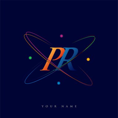 İlk harf PR logotip bilim simgesi mavi, kırmızı, yeşil ve sarı renk. iş ve şirket kimliği için vektör logosu.