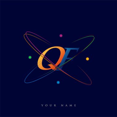 İlk harf QF logotype bilim simgesi mavi, kırmızı, yeşil ve sarı swoosh tasarımı. iş ve şirket kimliği için vektör logosu.