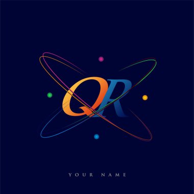 İlk harf QR logotype bilim simgesi mavi, kırmızı, yeşil ve sarı swoosh tasarımı. iş ve şirket kimliği için vektör logosu.
