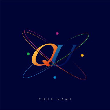 İlk harf QU logotype bilim simgesi mavi, kırmızı, yeşil ve sarı swoosh tasarımı. iş ve şirket kimliği için vektör logosu.