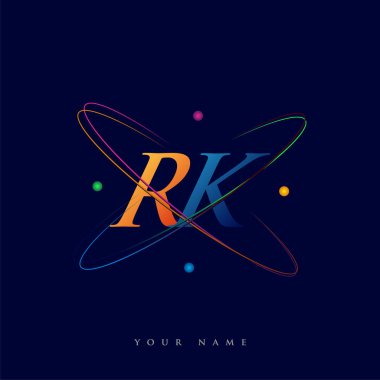 İlk harf RK logotype bilim simgesi mavi, kırmızı, yeşil ve sarı swoosh tasarımı. iş ve şirket kimliği için vektör logosu.
