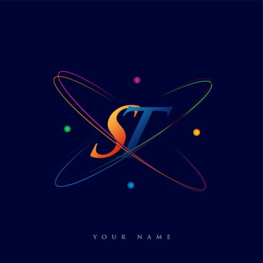 İlk harf ST logotype bilim simgesi mavi, kırmızı, yeşil ve sarı renkte. iş ve şirket kimliği için vektör logosu.