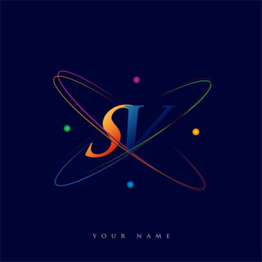 İlk harf SV logotype bilim simgesi mavi, kırmızı, yeşil ve sarı swoosh tasarımı. iş ve şirket kimliği için vektör logosu.