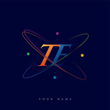 İlk harf TE logotip bilim simgesi mavi, kırmızı, yeşil ve sarı renk. iş ve şirket kimliği için vektör logosu.