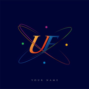 İlk harf UF logoti bilim simgesi mavi, kırmızı, yeşil ve sarı renk. iş ve şirket kimliği için vektör logosu.