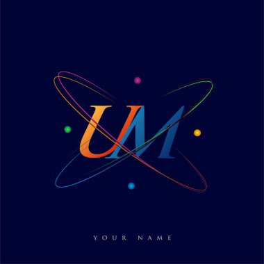İlk harf UM logotype bilim simgesi mavi, kırmızı, yeşil ve sarı swoosh tasarımı. iş ve şirket kimliği için vektör logosu.