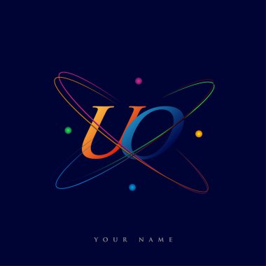 İlk harf UO logotype bilim simgesi mavi, kırmızı, yeşil ve sarı swoosh tasarımı. iş ve şirket kimliği için vektör logosu.