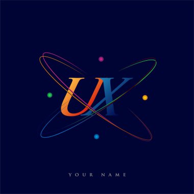 İlk harf UX logotip bilim simgesi mavi, kırmızı, yeşil ve sarı renk. iş ve şirket kimliği için vektör logosu.