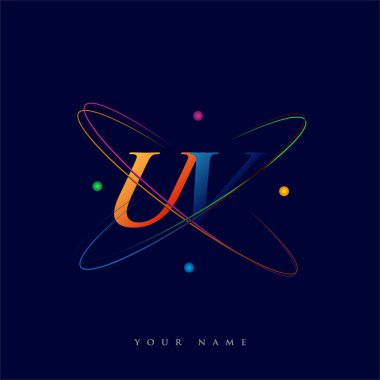 İlk harf UV logoti bilim simgesi mavi, kırmızı, yeşil ve sarı renk. iş ve şirket kimliği için vektör logosu.
