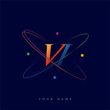 İlk harf VI logotype bilim simgesi mavi, kırmızı, yeşil ve sarı swoosh tasarımı. iş ve şirket kimliği için vektör logosu.
