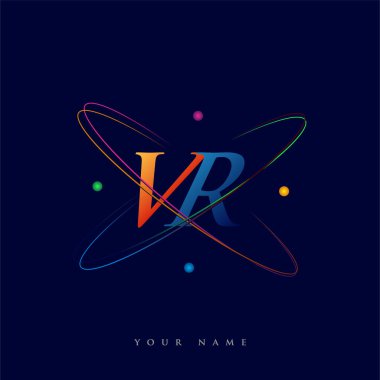 İlk harf VR logotip bilim simgesi mavi, kırmızı, yeşil ve sarı renk. iş ve şirket kimliği için vektör logosu.