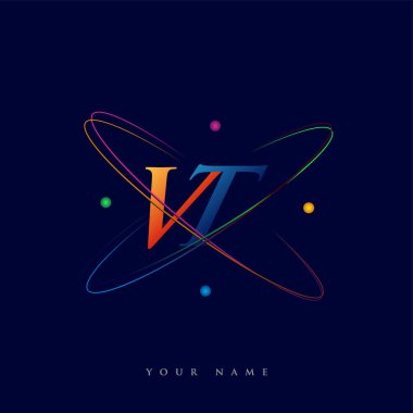İlk harf VT logotip bilim simgesi mavi, kırmızı, yeşil ve sarı renk. iş ve şirket kimliği için vektör logosu.