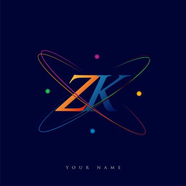 İlk harf ZK logotype bilim simgesi mavi, kırmızı, yeşil ve sarı swoosh tasarımı. iş ve şirket kimliği için vektör logosu.
