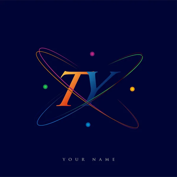 頭文字のTy型ロゴタイプのサイエンスアイコンは青 黄色のスウッシュデザイン ビジネスと会社のアイデンティティのためのベクトルロゴ — ストックベクタ