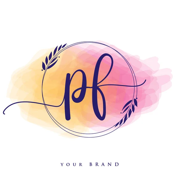 Pf初始笔迹标识 手书字体标识品牌 女装和豪华标识设计与彩色水彩背景相隔离 — 图库矢量图片