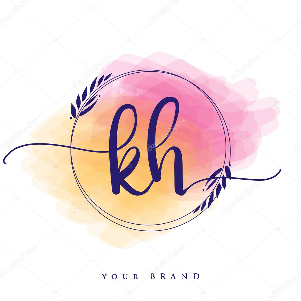 KH Initial handwriting logo. Hand lettering Initials logo branding, Feminine and luxury logo design isolated on colorful watercolor background.