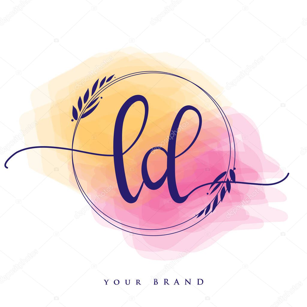 LD Initial handwriting logo. Hand lettering Initials logo branding, Feminine and luxury logo design isolated on colorful watercolor background.