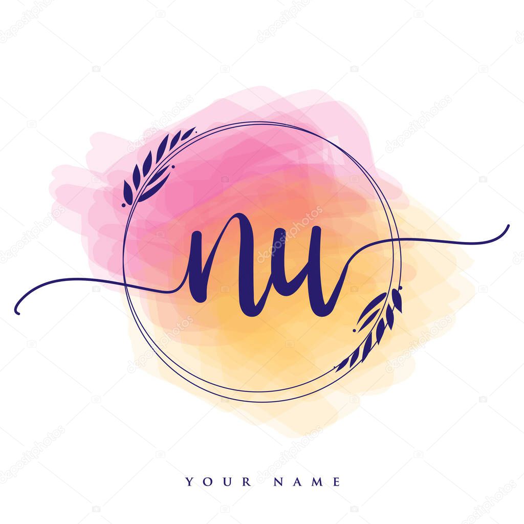 NU Initial handwriting logo. Hand lettering Initials logo branding, Feminine and luxury logo design isolated on colorful watercolor background.