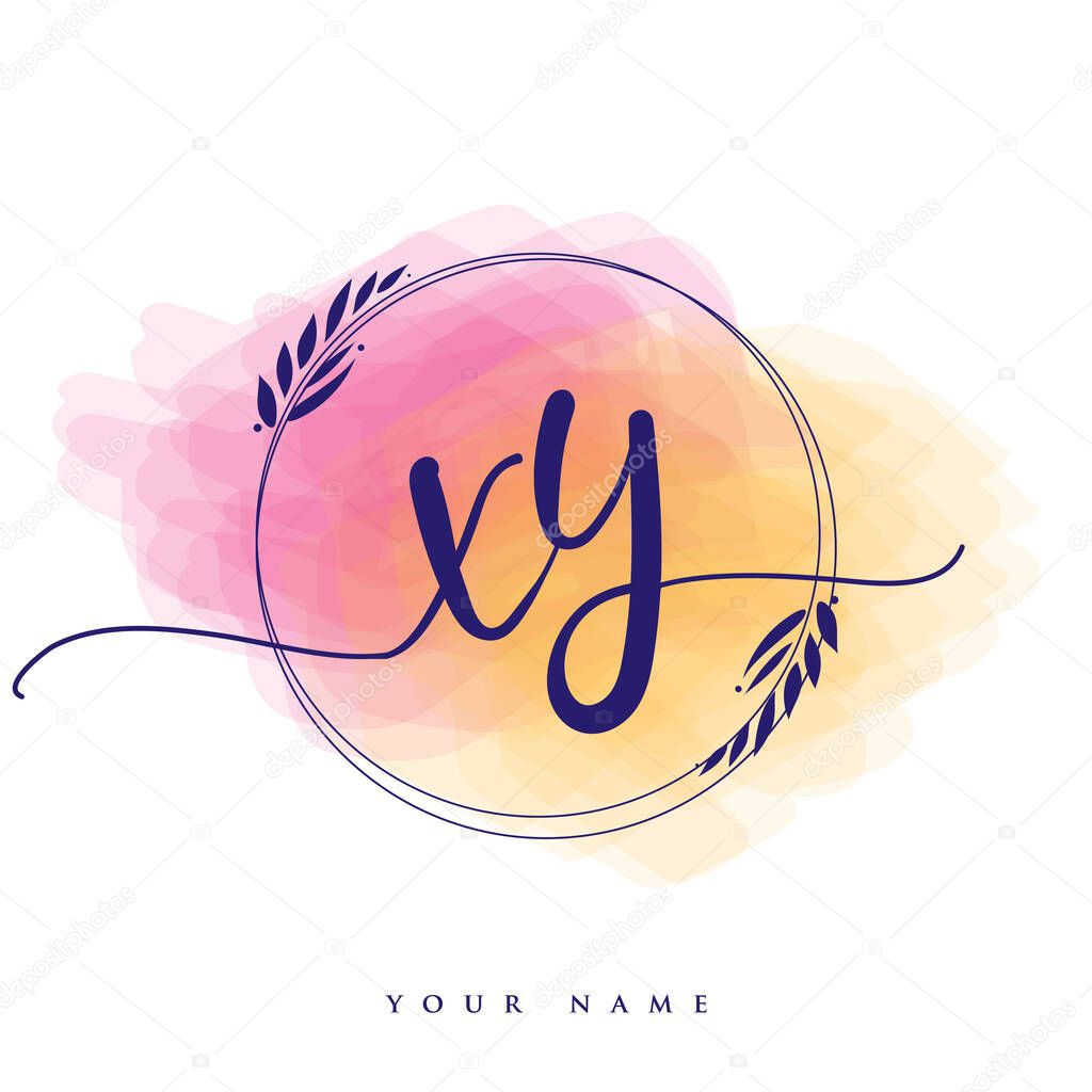 XY Initial handwriting logo. Hand lettering Initials logo branding, Feminine and luxury logo design isolated on colorful watercolor background.