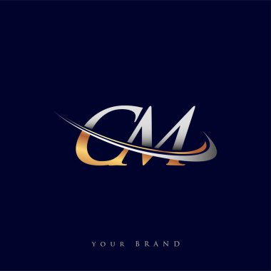 CM 'in ilk logo şirketinin adı, beyaz arka planda izole edilmiş altın ve gümüş rengi Swoosh tasarımı. iş ve şirket kimliği için vektör logosu.