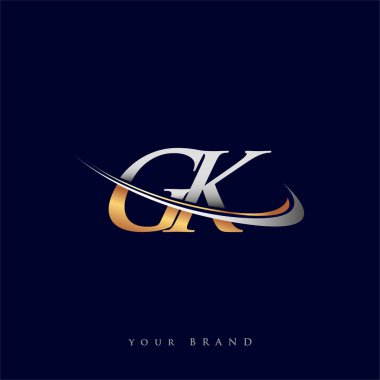 GK 'nin ilk logo şirketi adı, beyaz arka planda izole edilmiş renkli altın ve gümüş rengi Swoosh tasarımı. iş ve şirket kimliği için vektör logosu.
