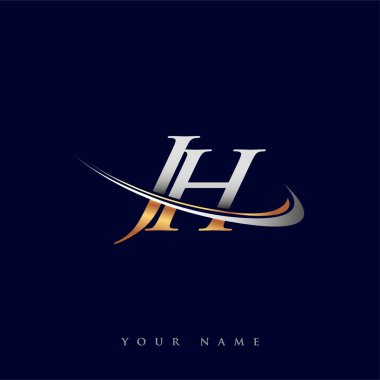 JH 'nin ilk logo şirketi adı, beyaz arka planda izole edilmiş altın ve gümüş rengi Swoosh tasarımı. iş ve şirket kimliği için vektör logosu.
