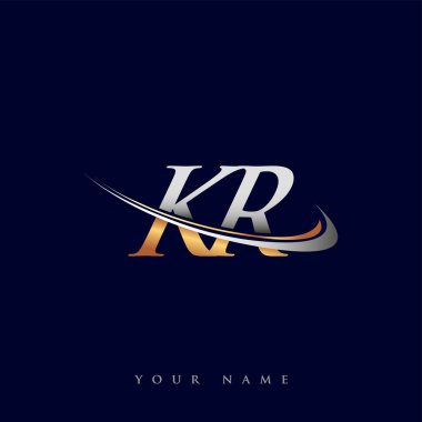 KR 'nin ilk logo şirketi adı, beyaz arka planda izole edilmiş renkli altın ve gümüş rengi Swoosh tasarımı. iş ve şirket kimliği için vektör logosu.